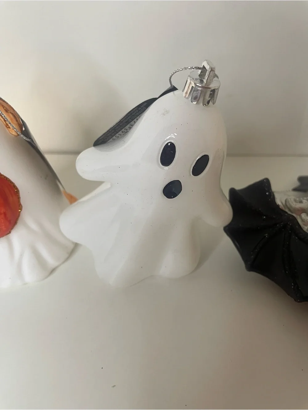 Halloween Bat, Dog and Ghost Ornaments - Black, White, Orange, Silver, Set of 4